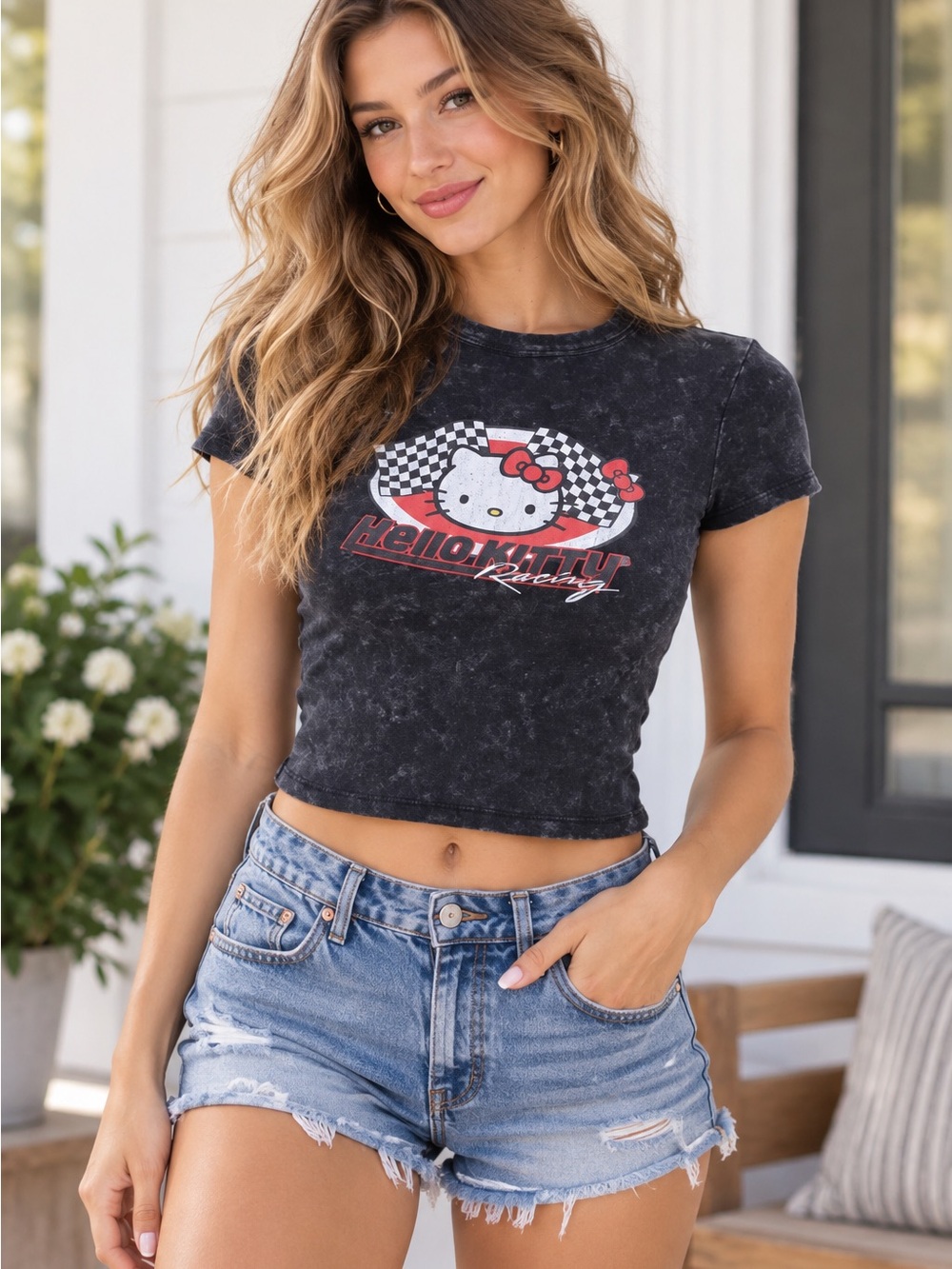 Hello Kitty Black size Med (Fits Small) Acid-Wash Cropped Graphic Tee
